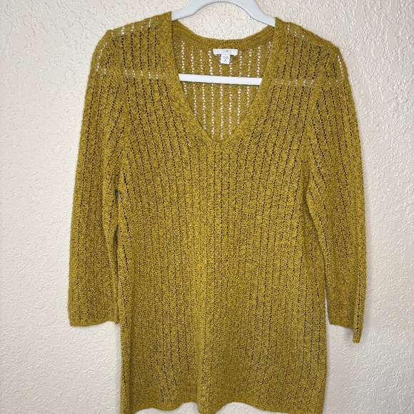 J. Jill Mustard Open Stitch Knit V-Neck Cotton Pull Over Sweater Women's Size M - Picture 1 of 11
